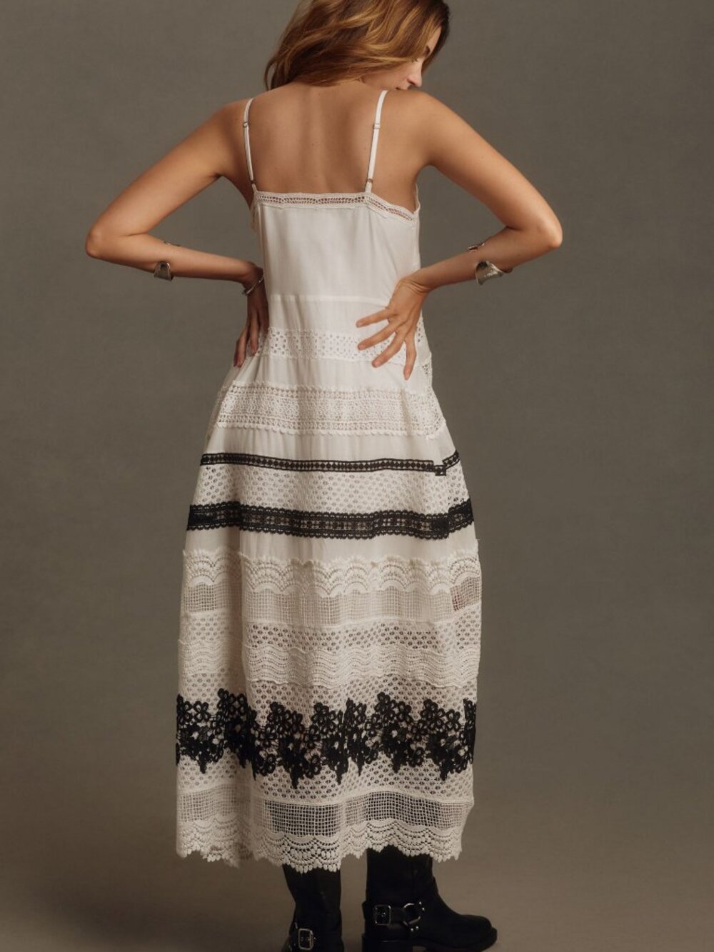 Anthropologie White Black Lace Tiered Midi Dress V-Neck Boho M - Picture 2 of 9